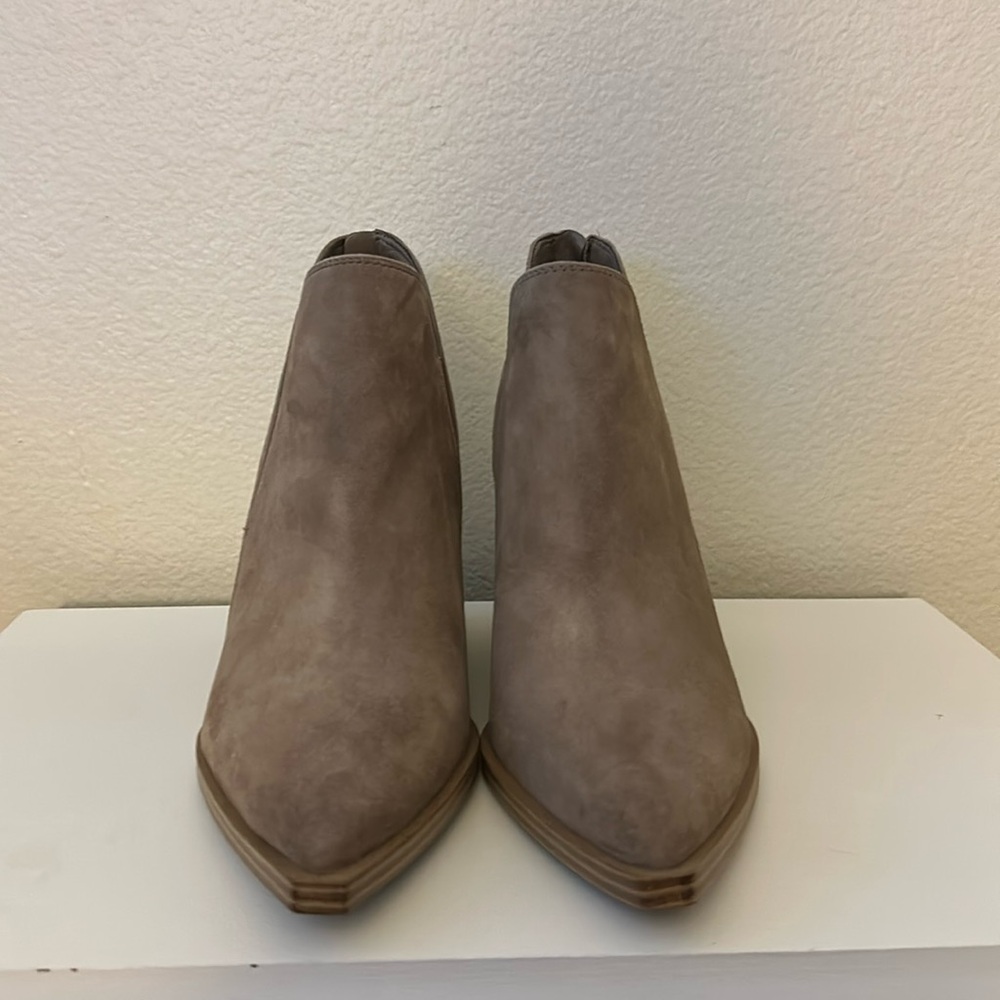 Vince Camuto Gradina Block Heel Booties in Tuscan Taupe Suede.
